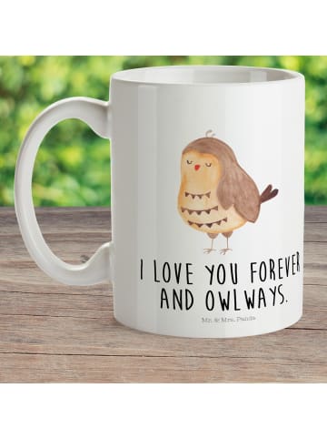 Mr. & Mrs. Panda Mehrwegbecher Eule Zufrieden mit Spruch in Weiß