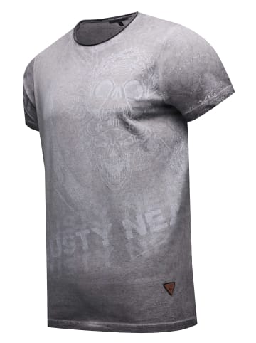 Rusty Neal Vintage Biker T-Shirt mit Skull All Over Print, Oil Wash & Raw Edge in Schwarz