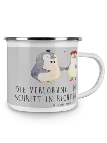 Mr. & Mrs. Panda Camping Emaille Tasse Verlobung Schritt mit Spruch in Heather Grey