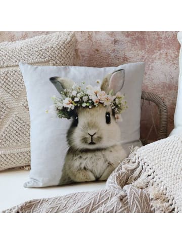 Chic Antique Kissenbezug HASE mit BLUMENKRANZ Grau 45x45 cm