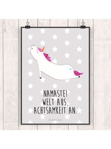 Mr. & Mrs. Panda Poster Einhorn Yoga mit Spruch in Grau Pastell