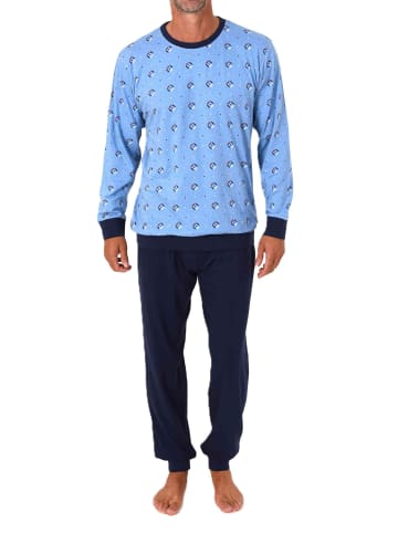 NORMANN Langarm Schlafanzug Pyjama Bündchen Minimalprint in hellblau