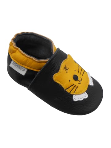 Bemesu Schwarze Baby-Leder-Laufschuhe, komfortabel mit rutschfester Sohle - Tigermotiv