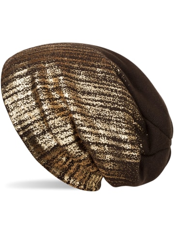 styleBREAKER Feinstrick Beanie Mütze in Dunkelbraun / Gold