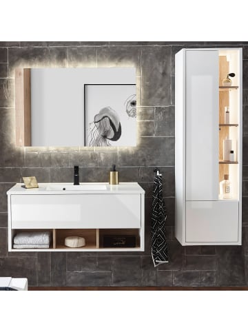 Furn.Design Badmöbel-Set weiß Hochglanz, Eiche 3-teilig, Badmöbel mit Waschbecken