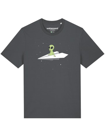 wat? Apparel T-Shirt Alien on a paper plane in Grau
