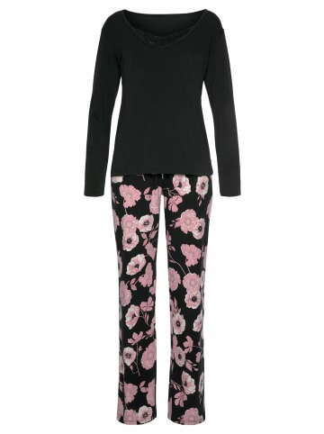 LASCANA Pyjama in schwarz-rosa-geblümt