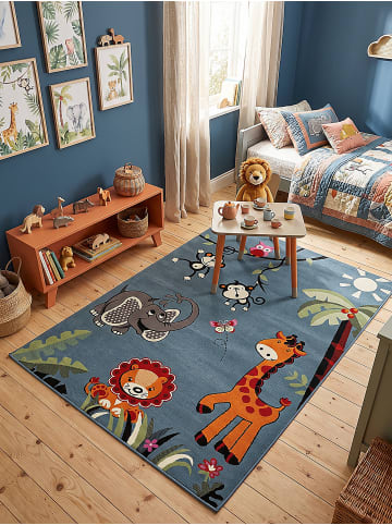 KADIMA DESIGN CASOLA Teppich Kinder Blau 120x170 Dschungel Polypropylen Kinderzimmer in Blau