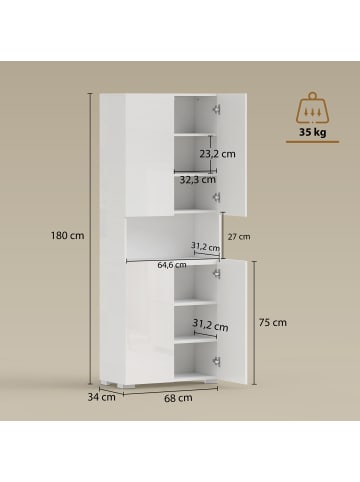 HOMCOM Küchenschrank-68L x 34B x 180H cm-Hochglanzweiß