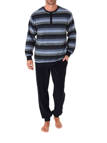 NORMANN Langarm Schlafanzug Frottee Stretch Pyjama Bündchen in blau