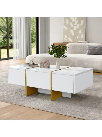 ABRIHOME Hochglanz Couchtisch mit 4 Schubladen in Weiß