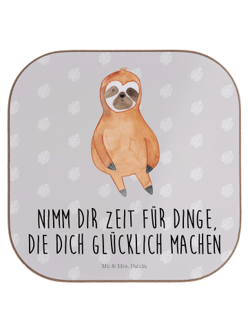 Mr. & Mrs. Panda Glasuntersetzer Faultier Zufrieden mit Spruch in Grau Pastell