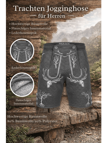 PAULGOS Jogginghose Design Trachten Lederhose Bermuda Shorts Kurz JOK6 in Dunkelgrau