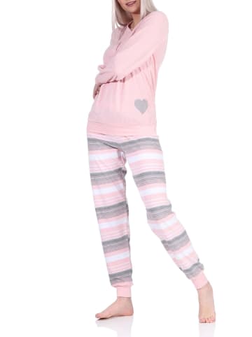 NORMANN Frottee langarm Pyjama Bündchen und und gestreifter Hose - 69439 in rosa