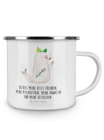 Mr. & Mrs. Panda Camping Emaille Tasse Robbe Sherlock mit Spruch in Weiß