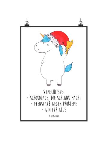 Mr. & Mrs. Panda Poster Einhorn Weihnachtsmann mit Spruch in Weiß