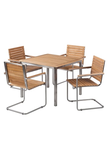 home24 Essgruppe TEAKLINE 5-teilig Kombi B in Braun / Silber