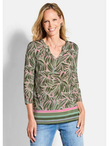 GOLDNER Kurzgröße:  Blusenshirt Jerseyshirt mit floralem Design in khaki / gemustert
