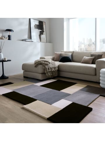 KADIMA DESIGN Wollteppich handgetuftet, geometrisch, rutschfest, Teppich Wolle in Grau-Beige