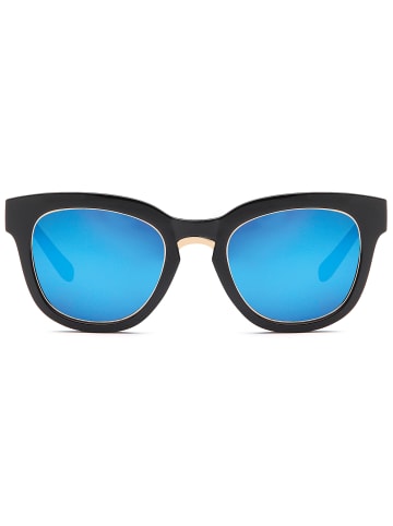 styleBREAKER Nerd Sonnenbrille in Schwarz-Gold / Blau verspiegelt