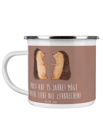 Mr. & Mrs. Panda Camping Emaille Tasse 15. Hochzeitstag Gläserne... in Braun Pastell