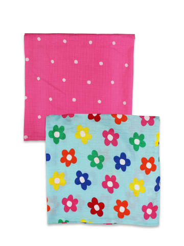 Toby Tiger Musselintücher im Doppelpack mit Regenbogenblumen Print in blau