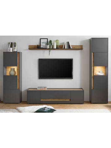 Furn.Design Wohnwand 4-teilig grau matt, Eiche Wotan 310 cm, Wohnkombination, viel Stauraum