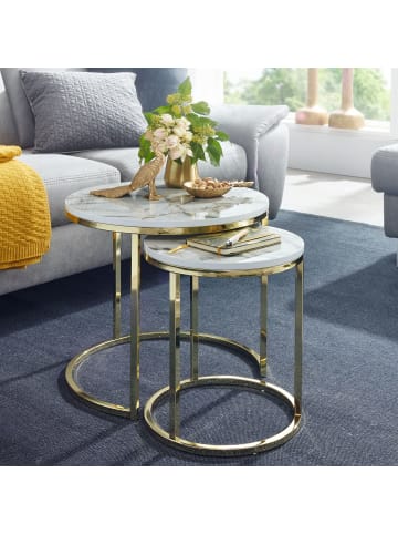 KADIMA DESIGN Beistelltisch 2er-Set | Marmor-Optik, Weiß/Gold, Edel in Weiß