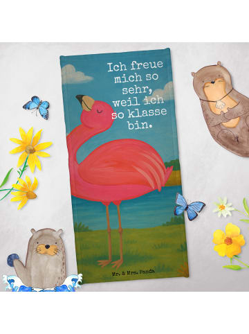 Mr. & Mrs. Panda Badehandtuch Flamingo Stolz Design mit Spruch in Aquarell Pink