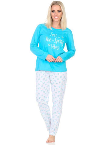 NORMANN Schlafanzug langarm Pyjama Pyjamahose Herz print in hellblau