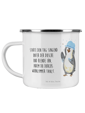 Mr. & Mrs. Panda Camping Emaille Tasse Pinguin Duschen mit Spruch in Weiß