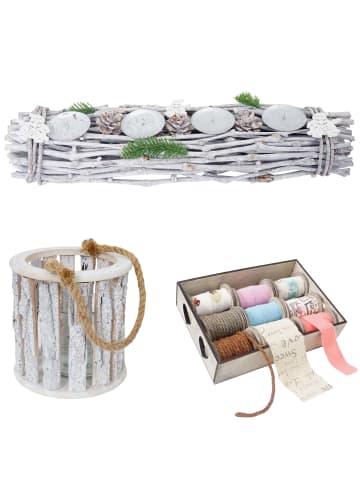 MCW 3er Set Windlicht + Bänderbox + Gesteck