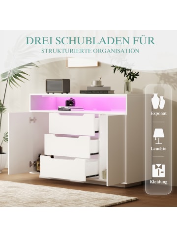 ABRIHOME Sideboard in Mattweiß mit 3 Schubladen Doppeltüren und offenem Regal
