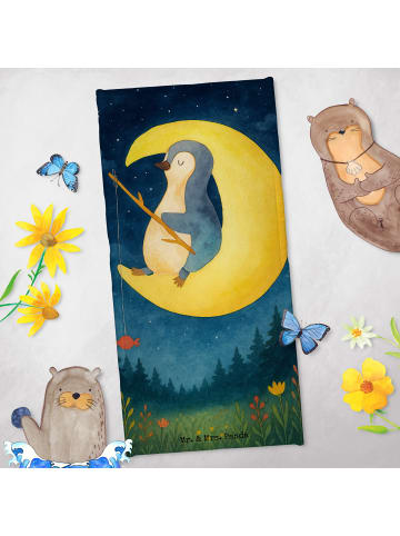 Mr. & Mrs. Panda Saunahandtuch Pinguin Mond Design ohne Spruch in Eisblau