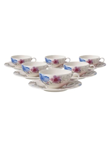 Villeroy & Boch 6er Set Teetassen mit Untertassen Mariefleur Gris Basic in Bunt 150 ml in bunt