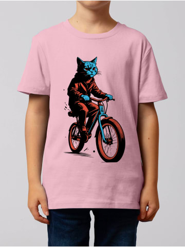 wat? Apparel T-Shirt Katze auf Fahrrad in Rosa