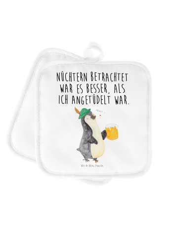 Mr. & Mrs. Panda Topflappen Pinguin Bier mit Spruch in Weiß