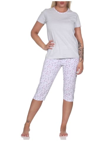 NORMANN Capri Pyjama Schlafanzug Streifen Hose & Rundhals - 79878 in grau