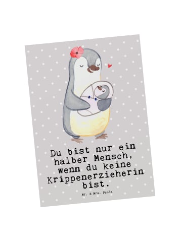 Mr. & Mrs. Panda Postkarte Krippenerzieherin Herz mit Spruch in Grau Pastell