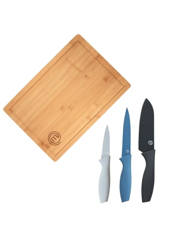MasterChef 4 tlg. Set Schneidebrett + 3-tlg Küchenmesser Set in Holz, Blau