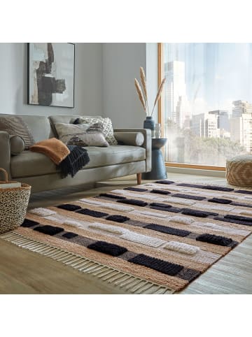 KADIMA DESIGN Teppich Hoch-Tief Struktur Gestreift, Patchwork-Optik, Fransen in Natur-Schwarz