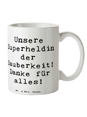Mr. & Mrs. Panda Tasse Spruch Putzfrau Superheldin mit Spruch in Weiß