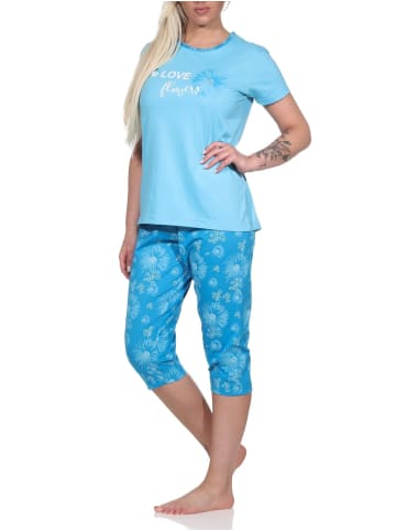 NORMANN kurzarm Schlafanzug Pyjama Caprihose geblümter - 77312 in hellblau