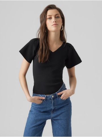 Vero Moda Geripptes Rüschen T-Shirt Kurzarm Strick Shirt VMGINNY in Schwarz-2