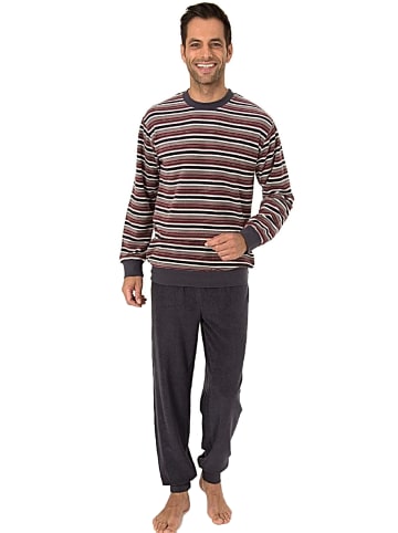 NORMANN Frottee Pyjama langarm Bündchen Streifen in grau/rot