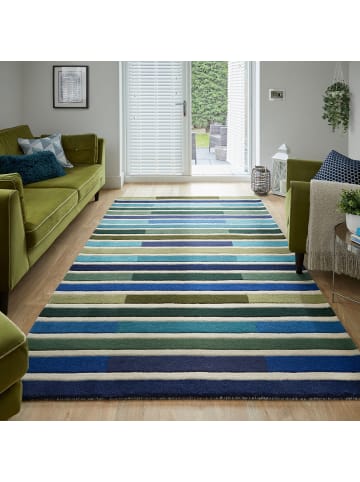 KADIMA DESIGN Luxuriöser Wollteppich mit Streifenmuster in Grün-Blau