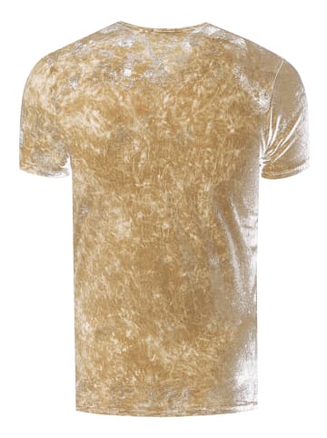 Rusty Neal V-Neck T-Shirt Verwaschen mit Seitlichem Logo Print in Camel