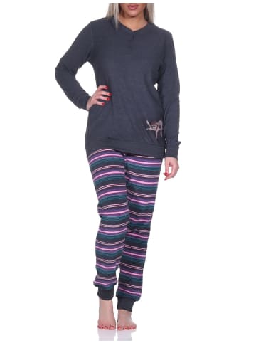 NORMANN Frottee Pyjama Hose gestreift Faulti Katze - 75947 in anthrazit-melange