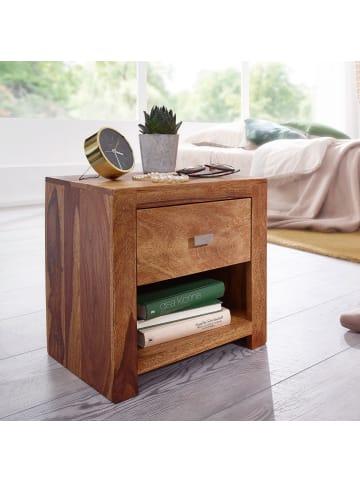 KADIMA DESIGN Rustikale Landhaus-Nachtkonsole aus Sheesham, mit Ablage und Schublade