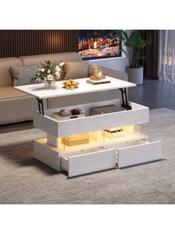 ABRIHOME Anhebbarer Couchtisch mit LED und verstecktem Stauraum in Weiß, 120*50*46 cm